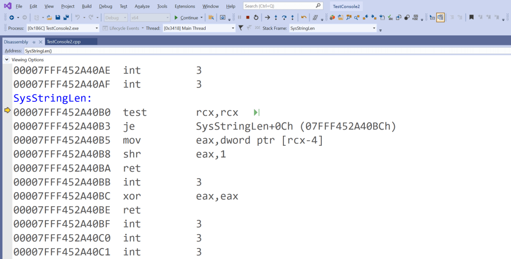 The assembly source code of the SysStringLen API, shown in Visual Studio.