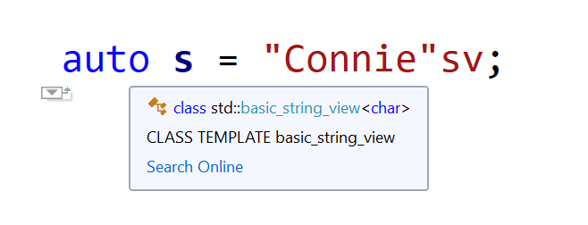 Visual Studio IntelliSense deduces "Connie"sv to be a std::string_view.