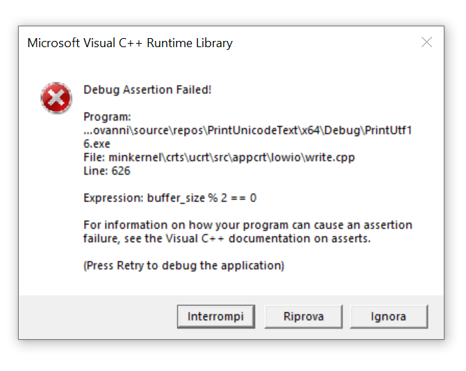 Visual C++ debug assertion failure when trying to print out Unicode UTF-8 encoded text.