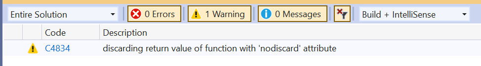 C4834 warning message emitted by VC++ 2019 in its default C++14 mode, when the return value of a [[nodiscard]] function is discarded.