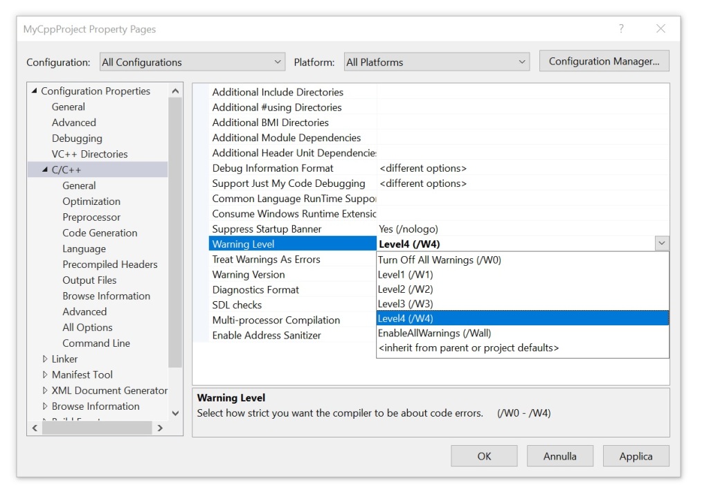 Setting the Warning Level property in the project properties dialog box in Visual Studio to Level4 (/W4).