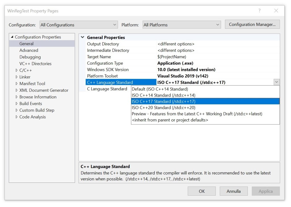Selecting the C++ Language Standard in Visual Studio 2019