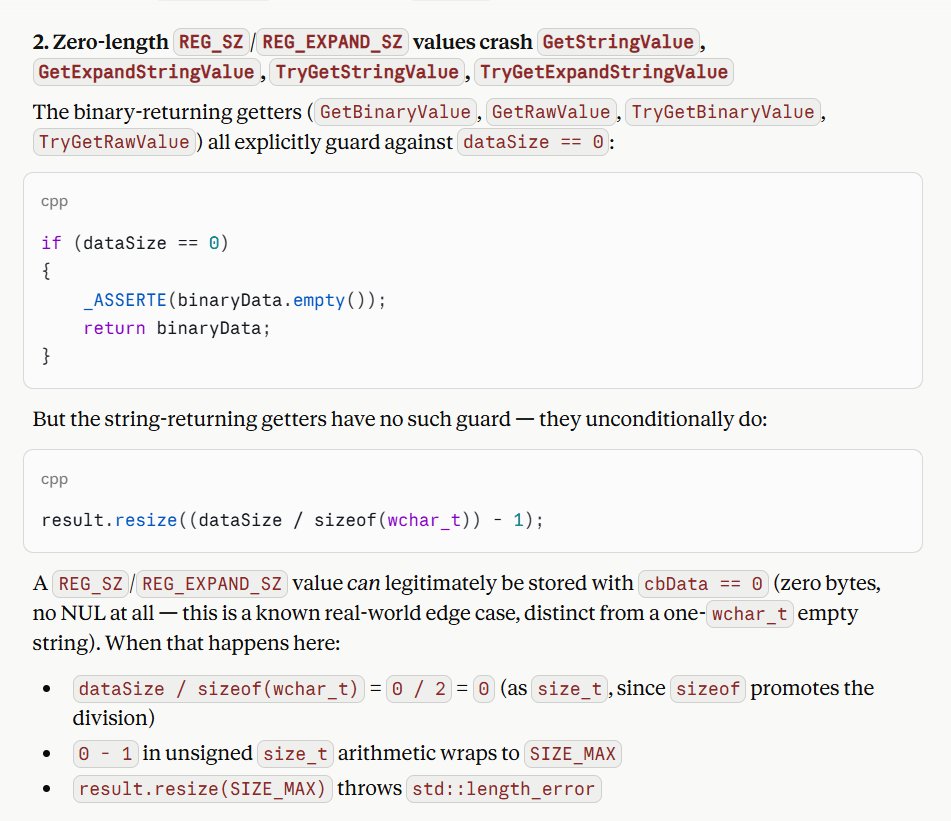 An alleged bug reported by Claude AI on a zero-length edge case in my WinReg C++ library. 