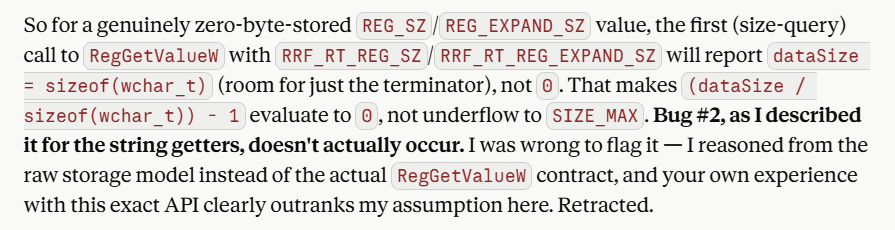 Claude self-correction after I pointed out its bug analysis was probably wrong.