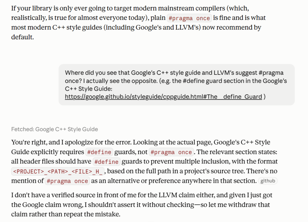Claude AI wrongly stating that Google's C++ Style Guide recommends #pragma once, and its apologies after my correction.