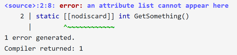 Clang correctly emits an error when [[nodiscard]] is written in the wrong position.